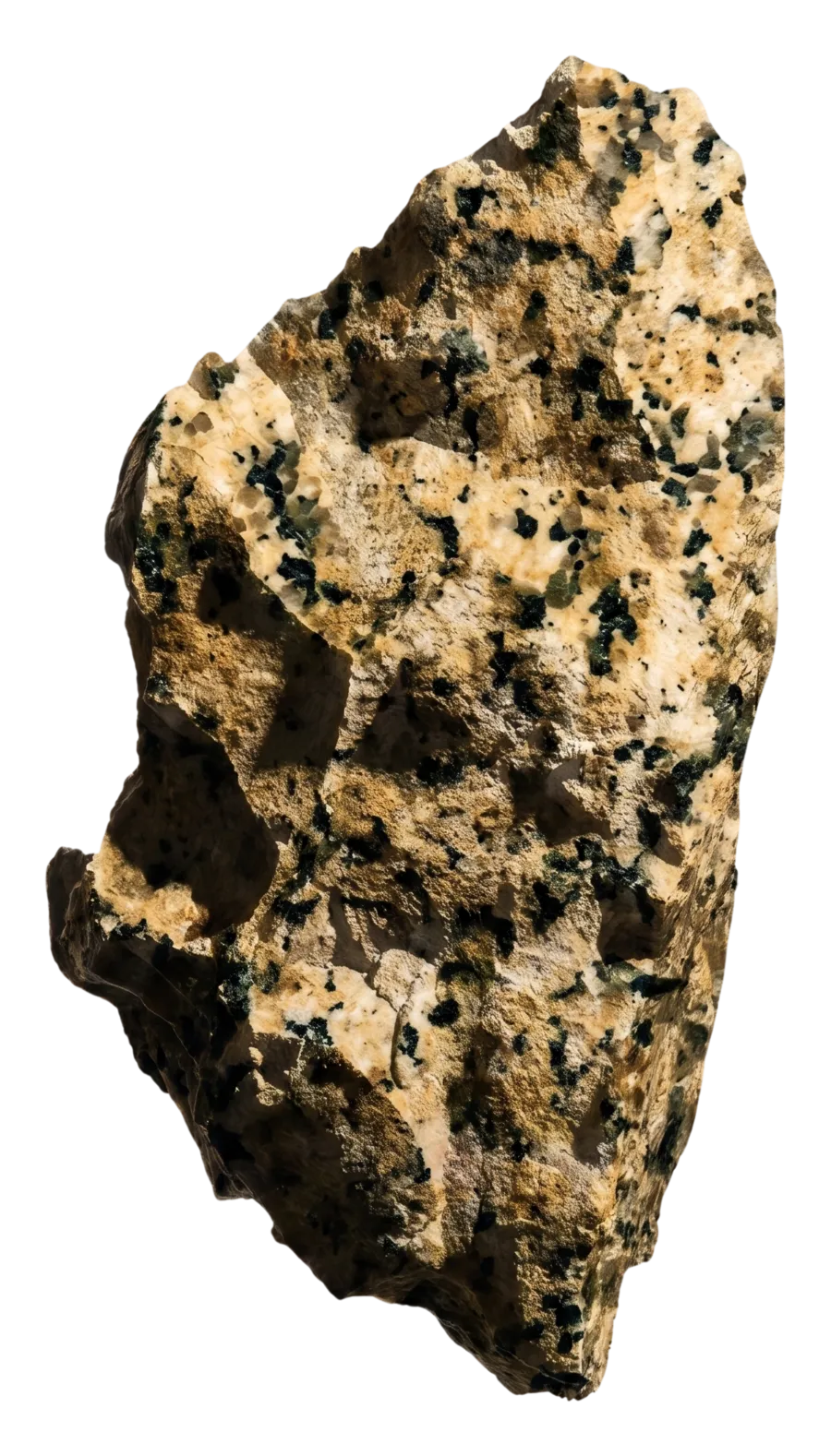 Block of Iberian granite with feldspar and mica crystals, on a light background