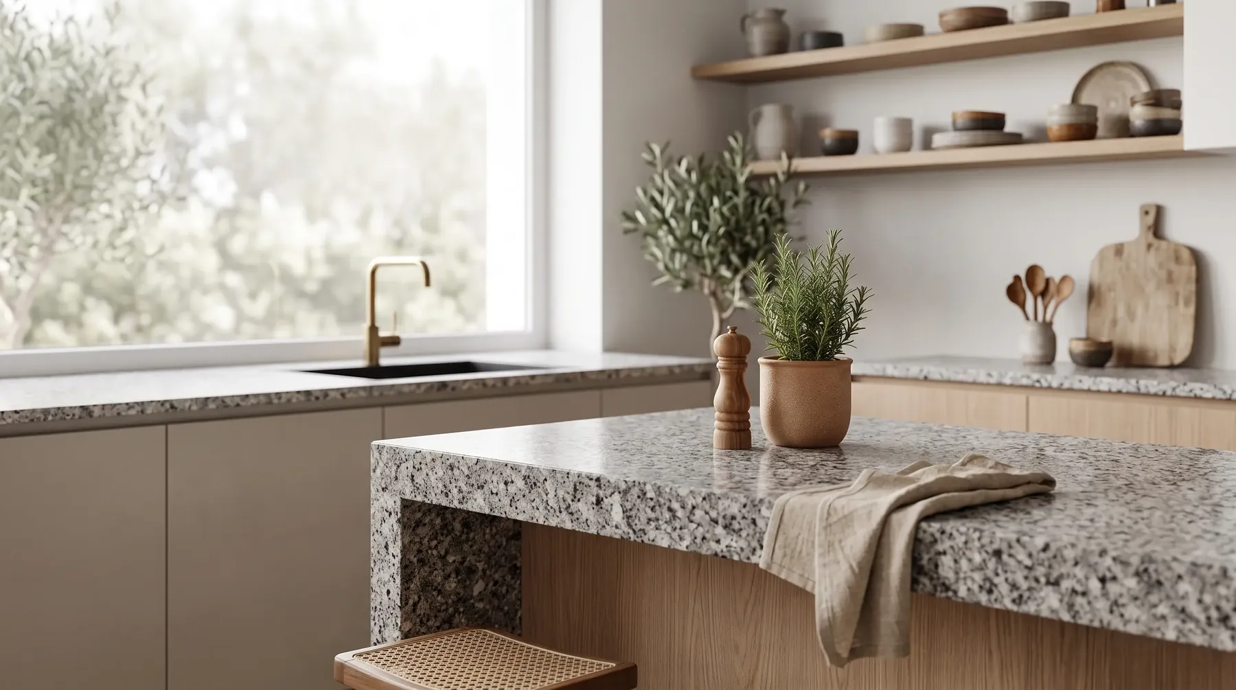 Kitchen island with a granite worktop and plants