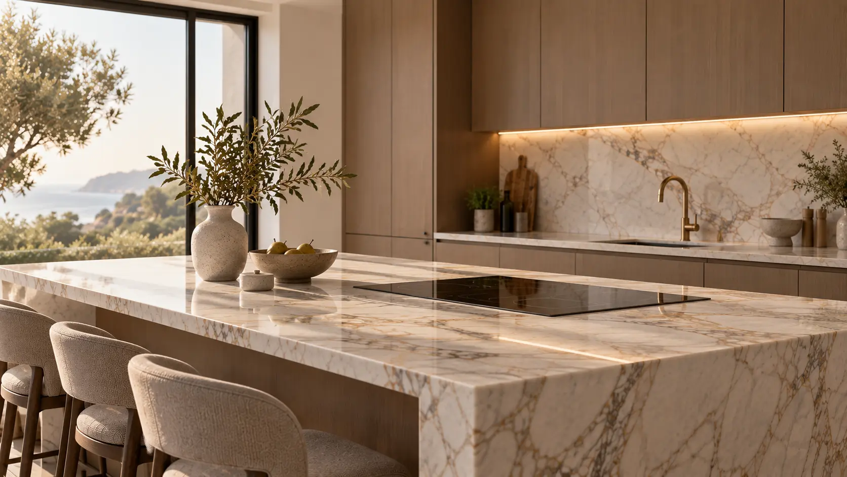 Kitchen island in veined marble with a sea view