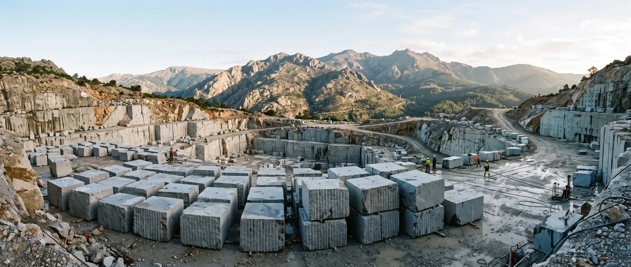 Open granite quarry with cut blocks lined up and mountains behind
